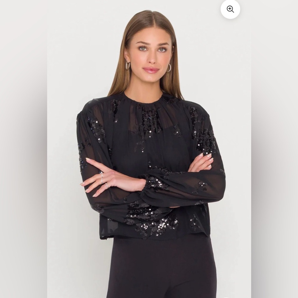 Selene-Black Pleated Blouse Long Sleeves w/shiny embroidered beating. (M)